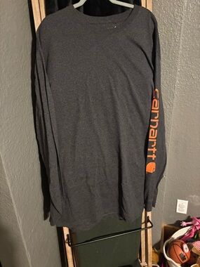 Carhartt Men's Long Sleeve Shirt - Dark Gray with Orange Logo